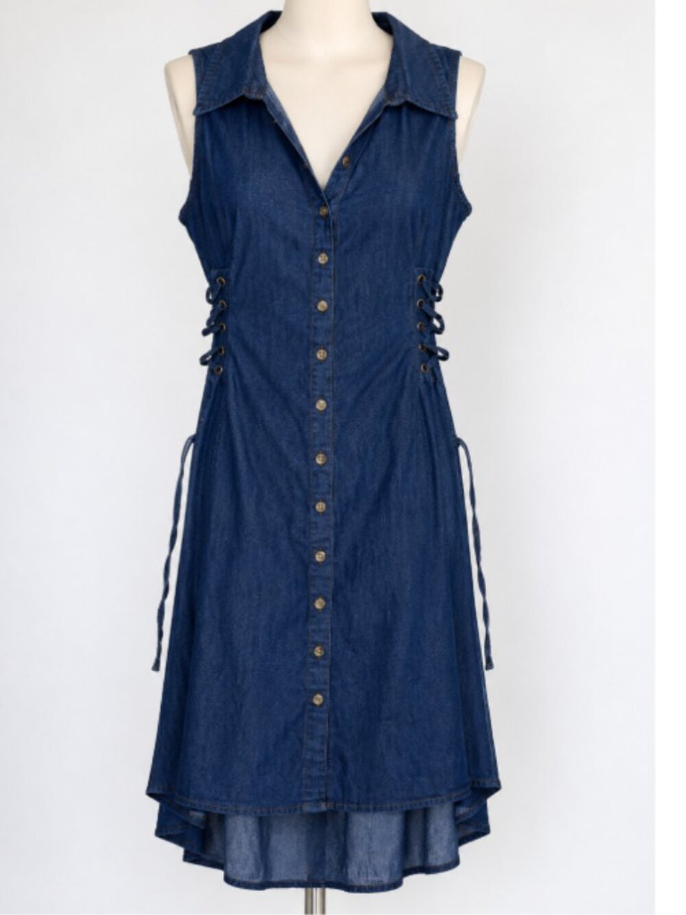 Sleeveless Indigo Denim Button-Front Tunic Dress with Side Lace-Up